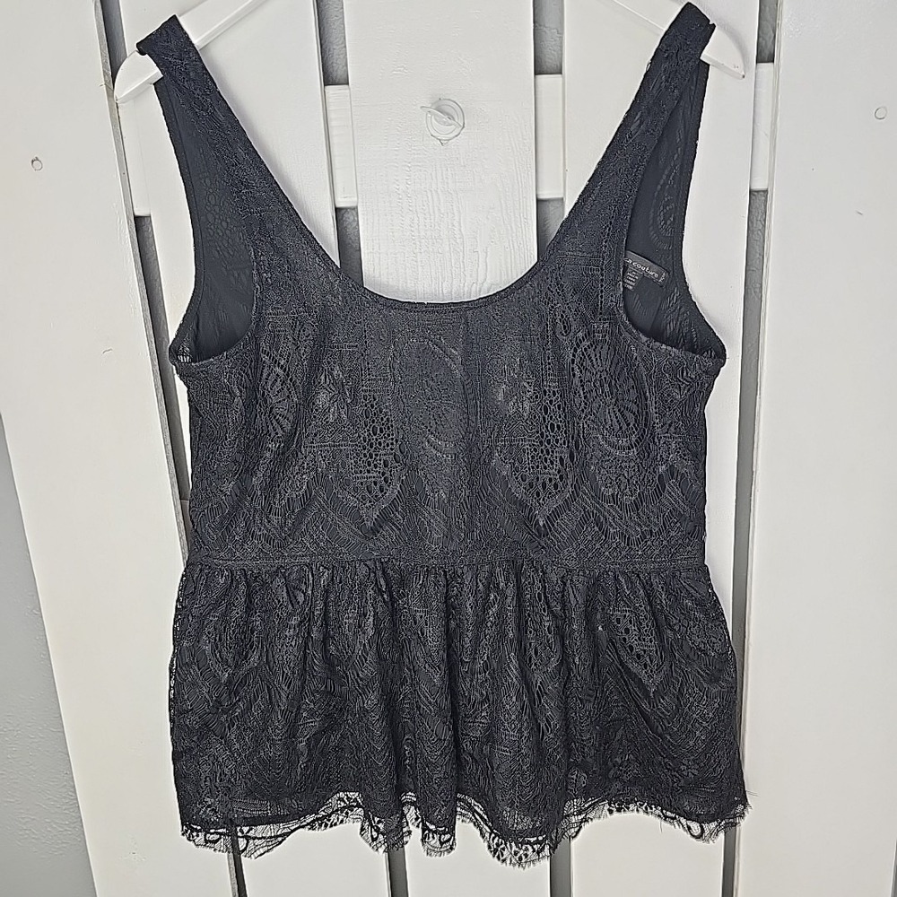 Lucca‎ Womens Peplum Plung Back Lace Tank Top Med Black Whimsygoth Witchy Sheer